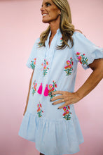 Load image into Gallery viewer, Blue Linen Striped Floral Dress