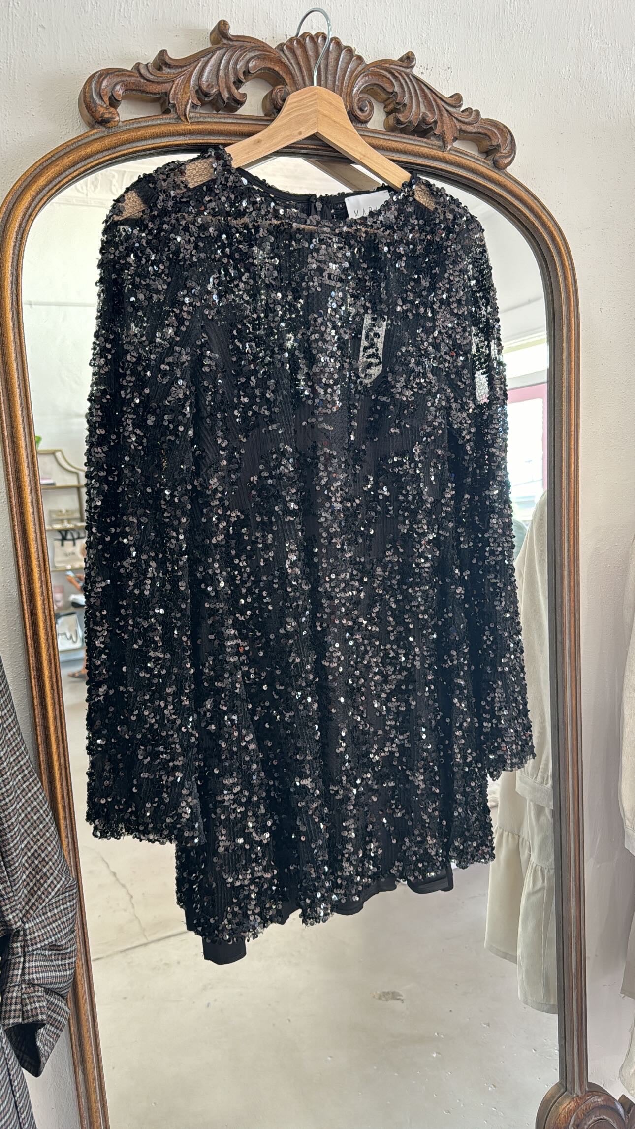 Black Sequin Bell Sleeve Dress JPosh Apparel Black Sequin Bell Sleeve Dress JPosh Apparel