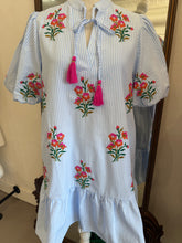 Load image into Gallery viewer, Blue Linen Striped Floral Dress