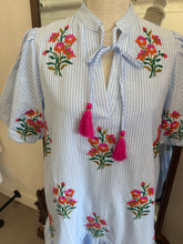 Load image into Gallery viewer, Blue Linen Striped Floral Dress