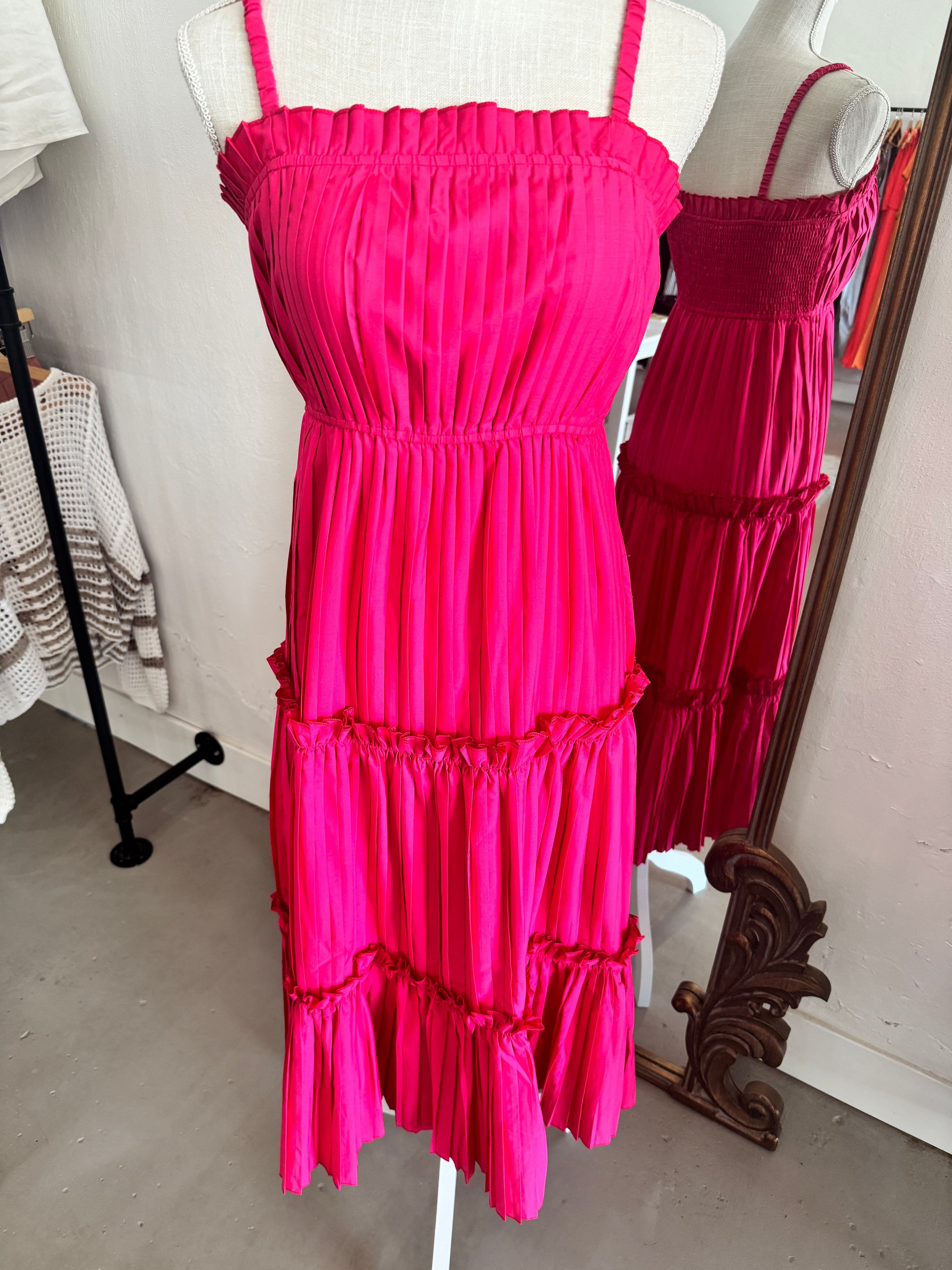 knee length dresses for ladies Hot Pink Pleated Midi Dress – JPosh Apparel