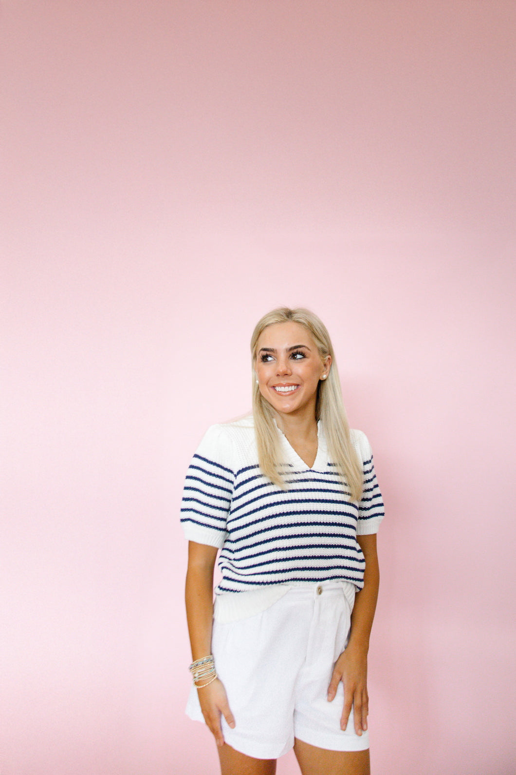 White & Navy Striped Knit Top