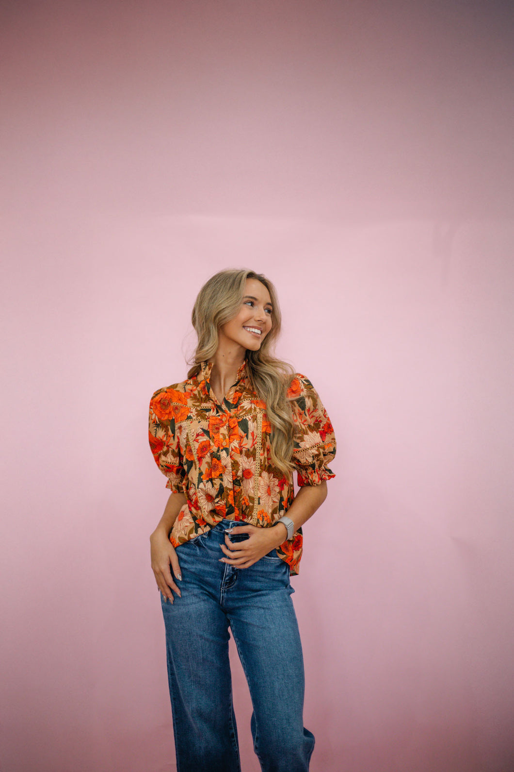 Orange Floral Button Blouse