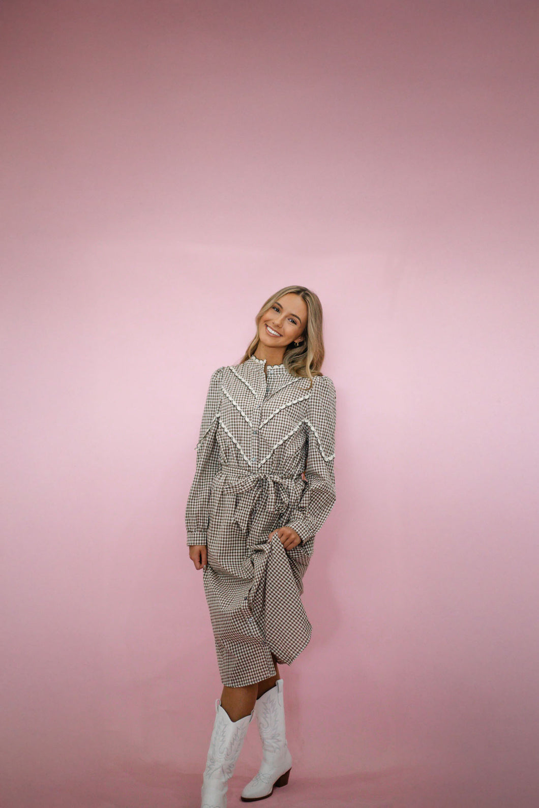 Brown Gingham Midi Dress