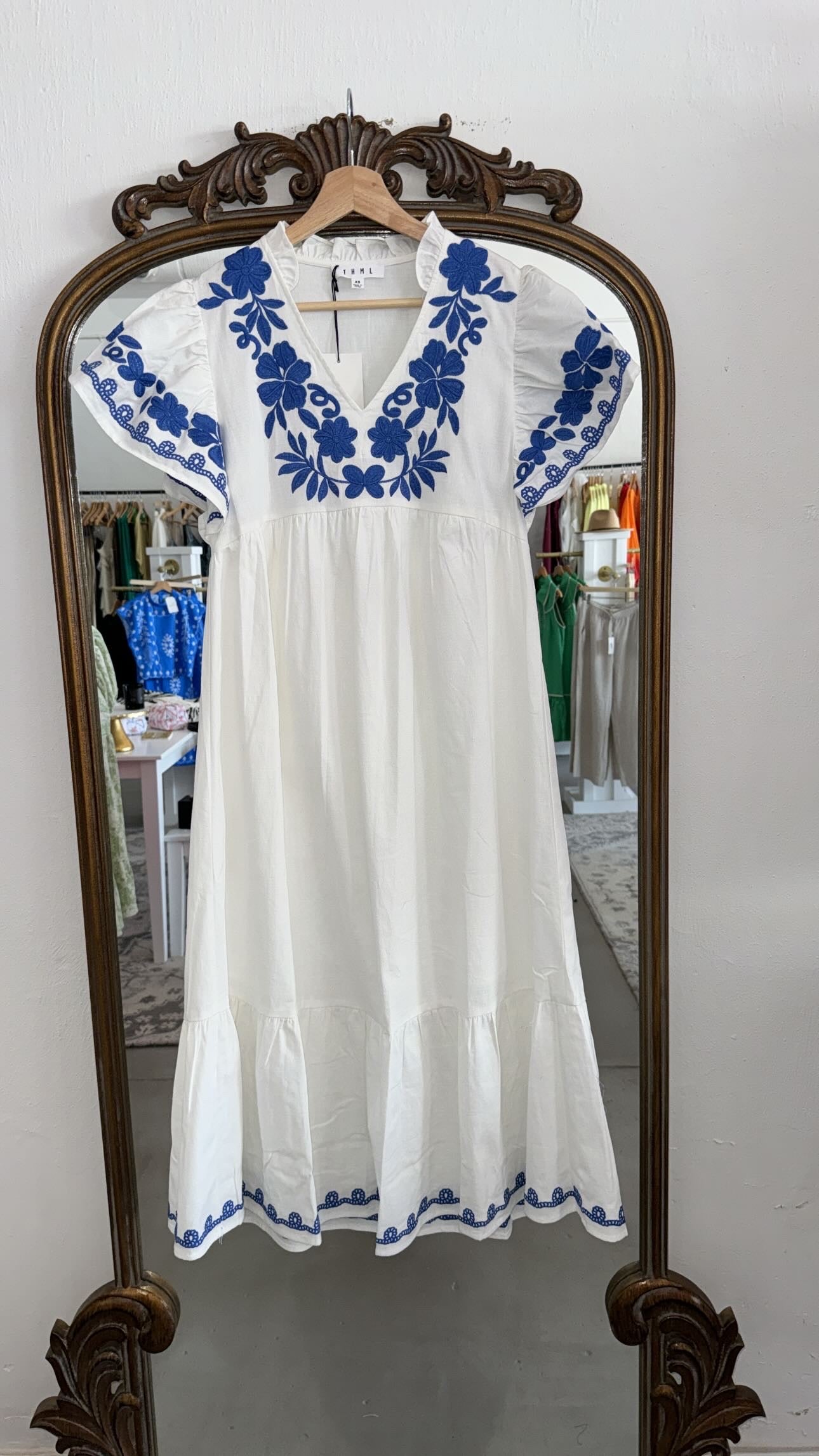 White & Blue Embroidered Dress
