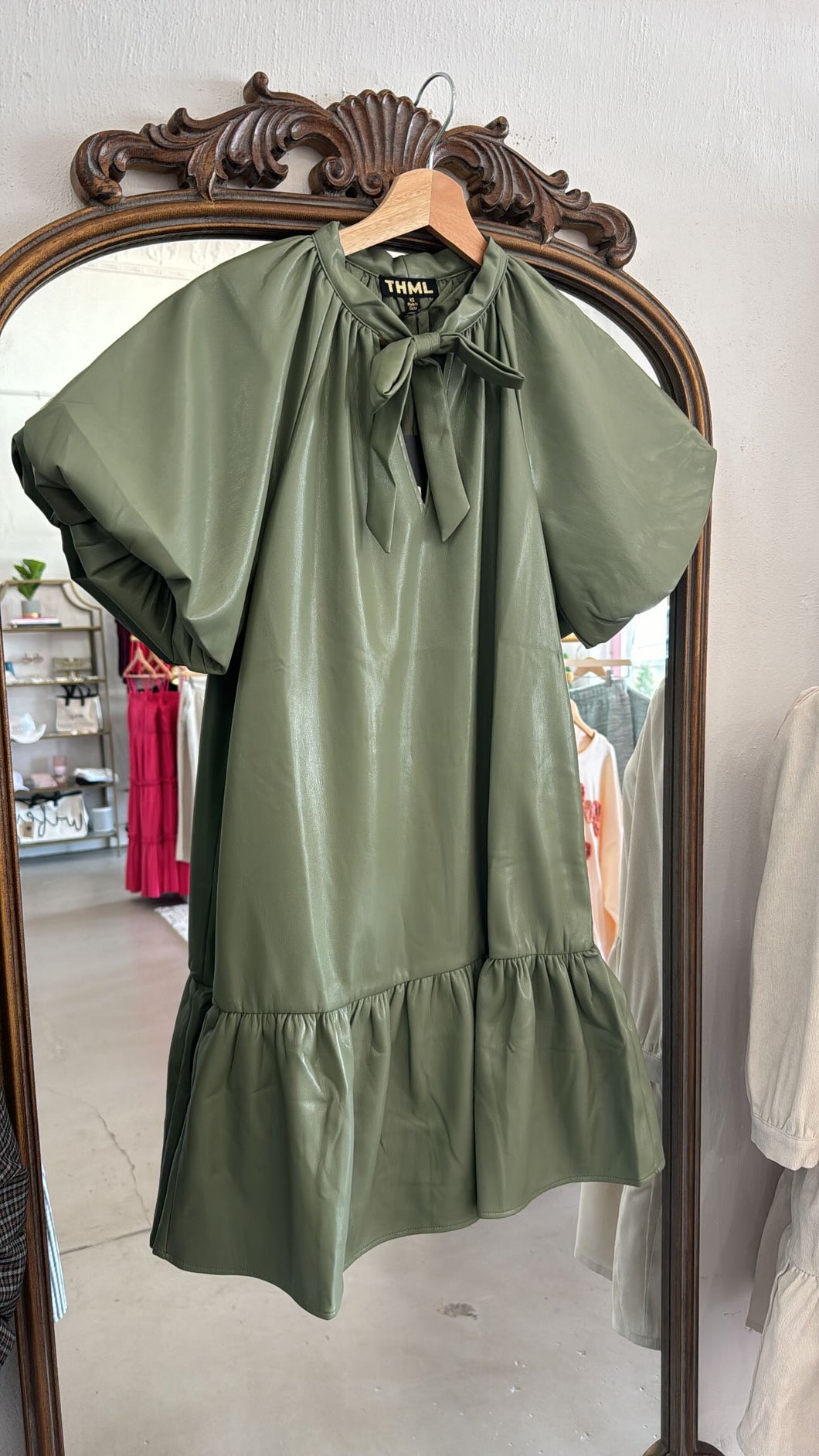 Olive Green Leather Bow Dress