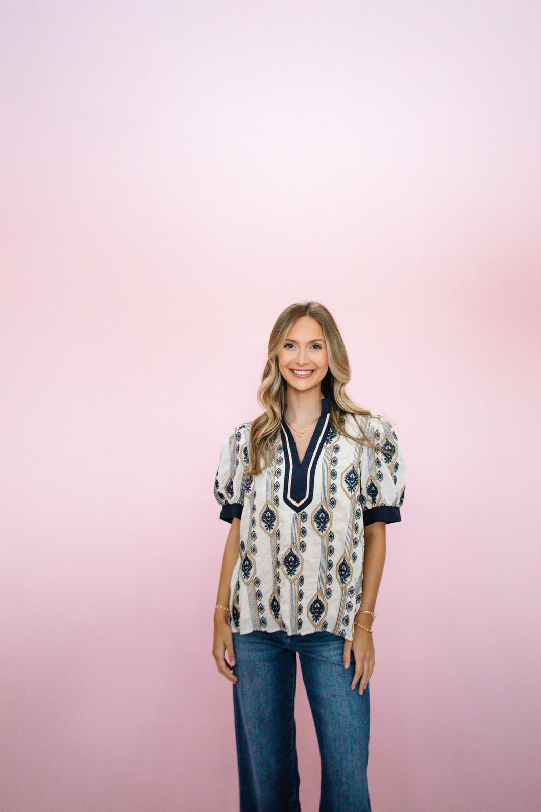 Navy Design Short Sleeve Top