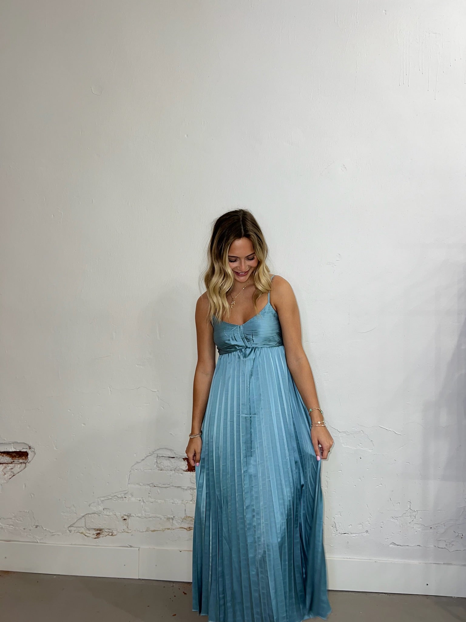 dusty blue pleated dress Dusty Blue Cold Shoulder Pleated Empire Chiffon Bridesmaid Gown