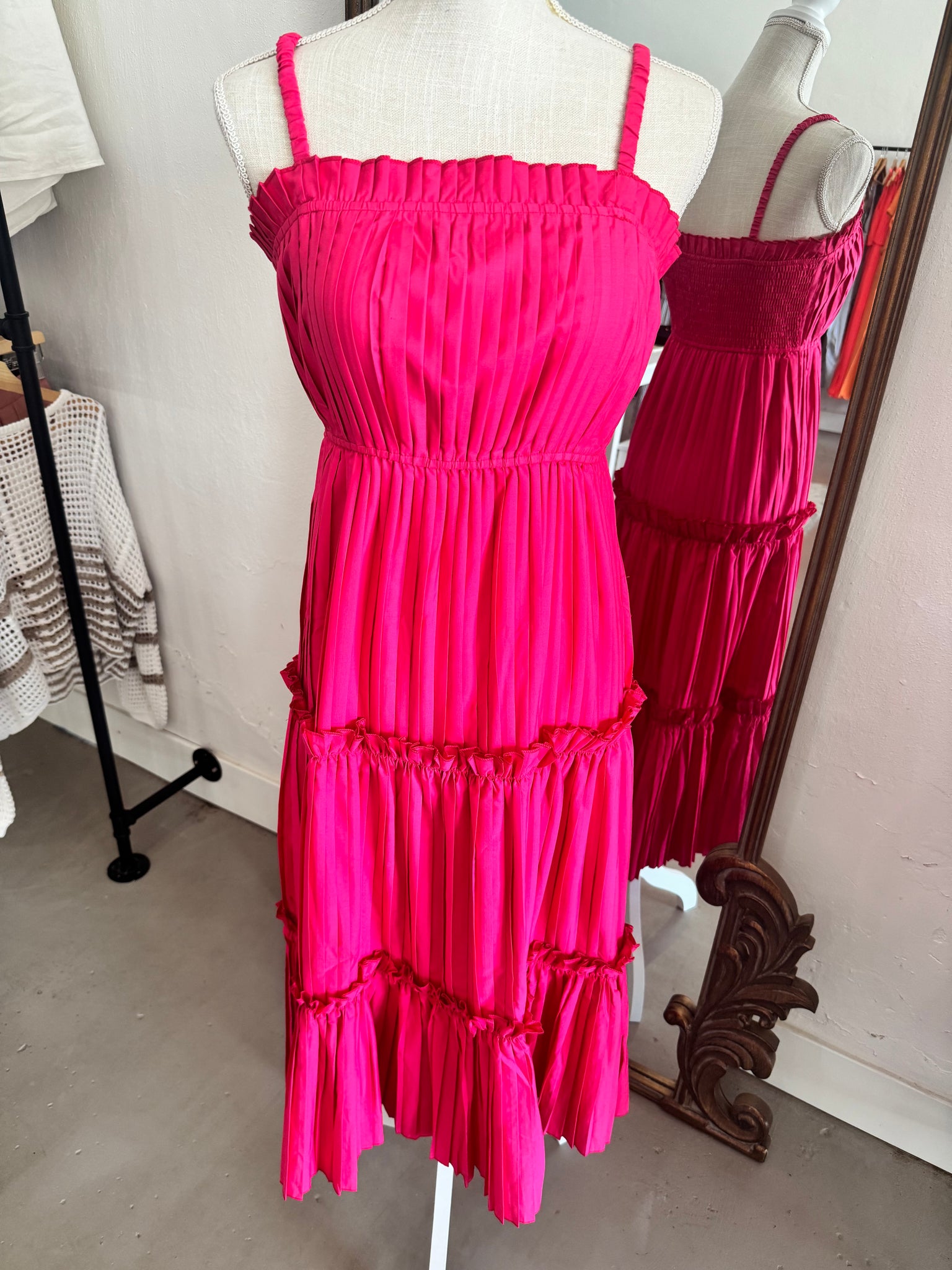 hot pink pleated midi dress Haisely Pleated Midi Dress-Hot Pink
