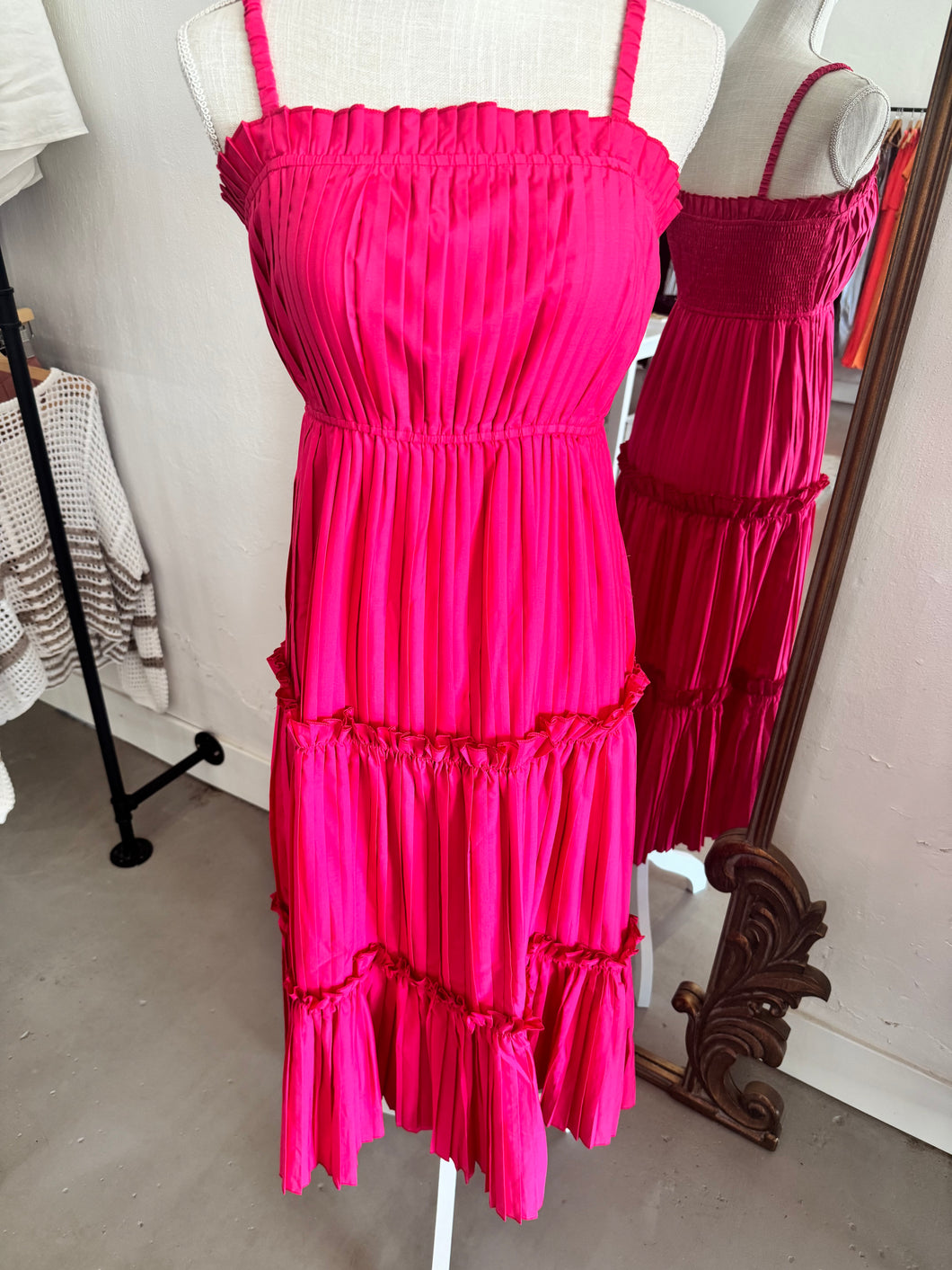 Hot Pink Pleated Midi Dress