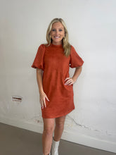 Load image into Gallery viewer, Burnt Orange Puff Sleeve Suede Dress
