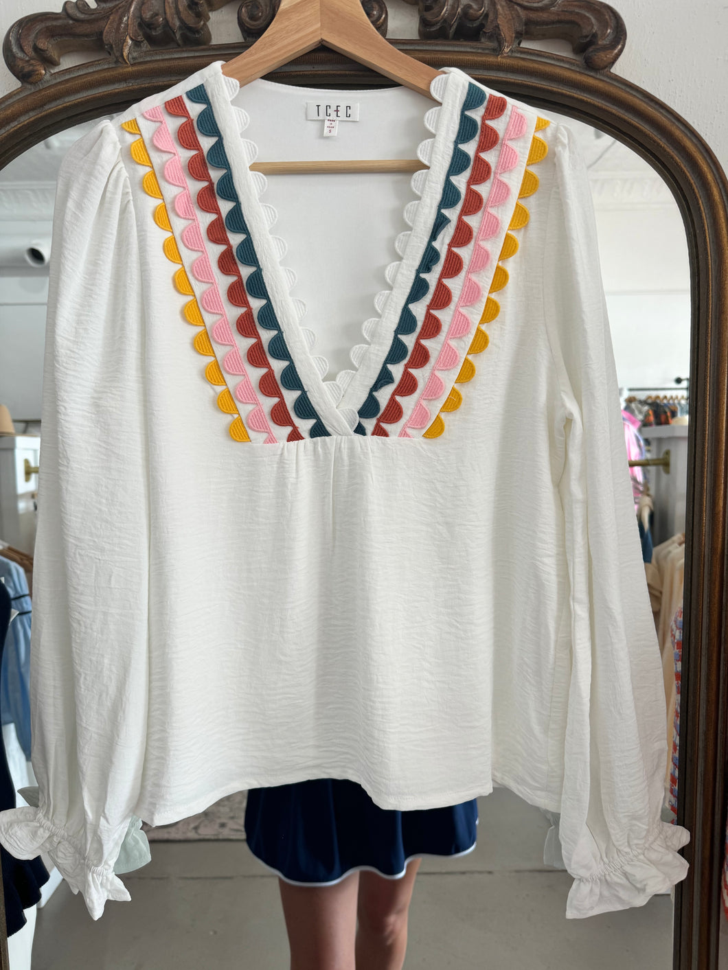 Cream Multi Colored Scallop Blouse