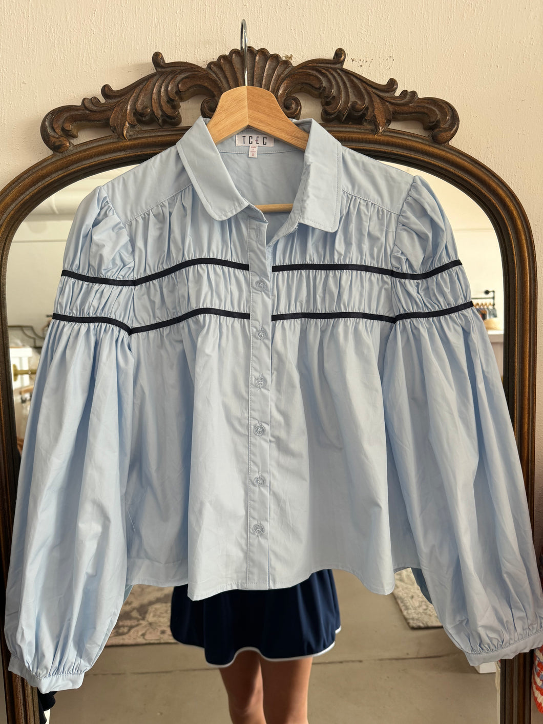 Baby Blue & Navy Detailed Blouse