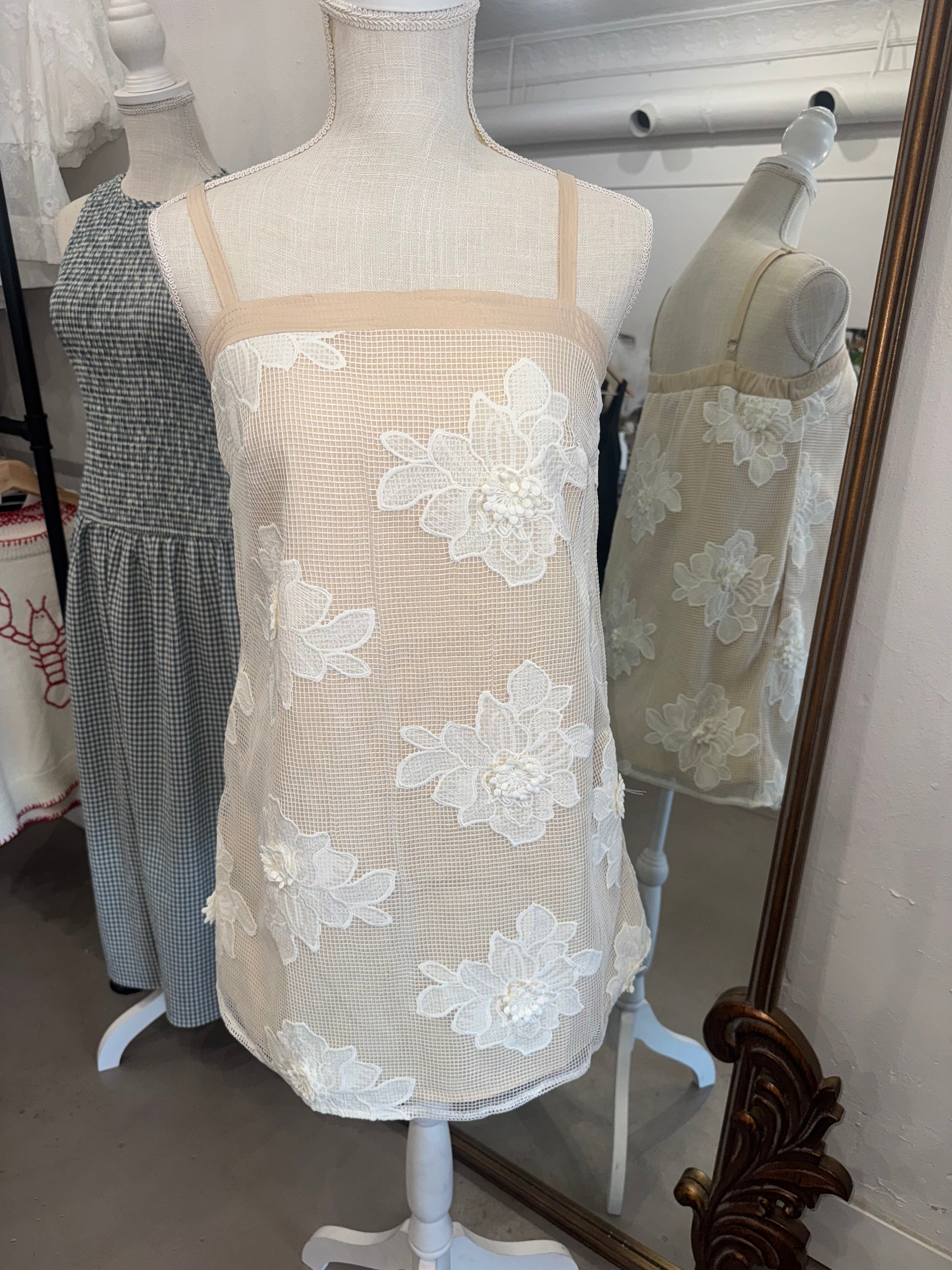 white mesh dress with flowers White Mesh Floral Dress - Applique Midi Dress - Bustier Dress