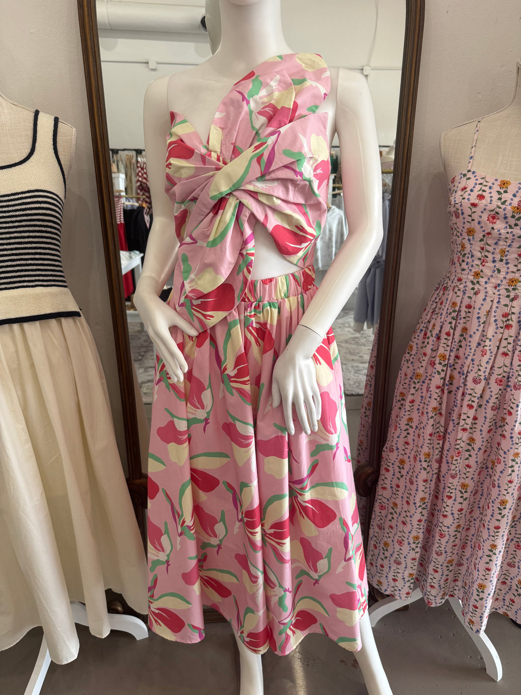 Pink One Shoulder Floral Dress