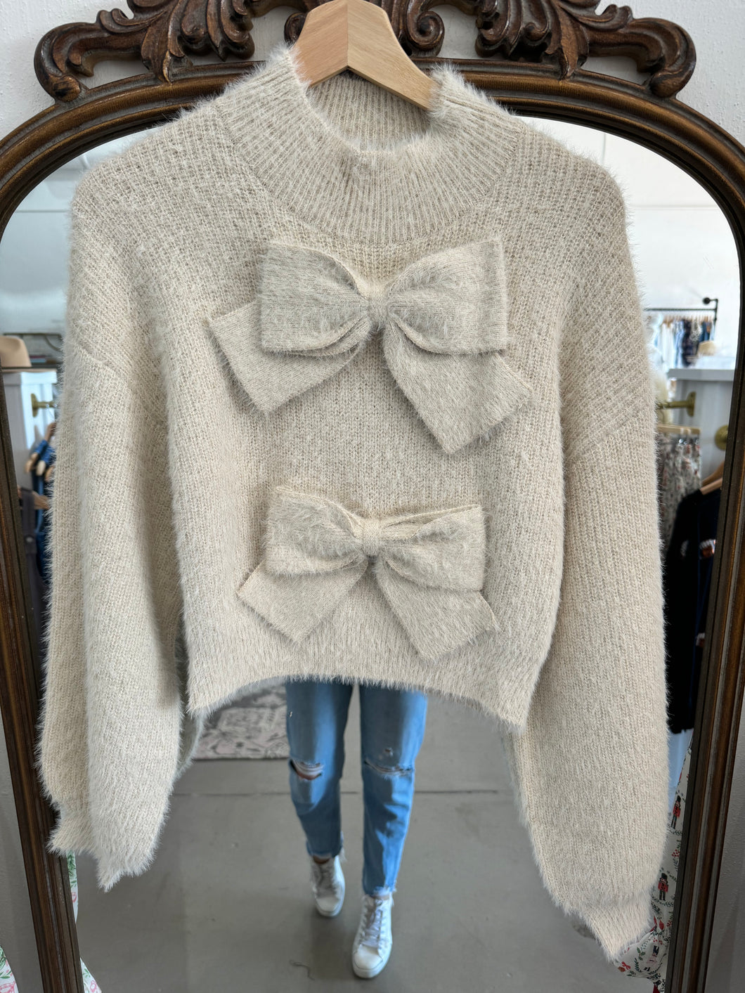 Oatmeal Bow Detail Mock Neck Sweater