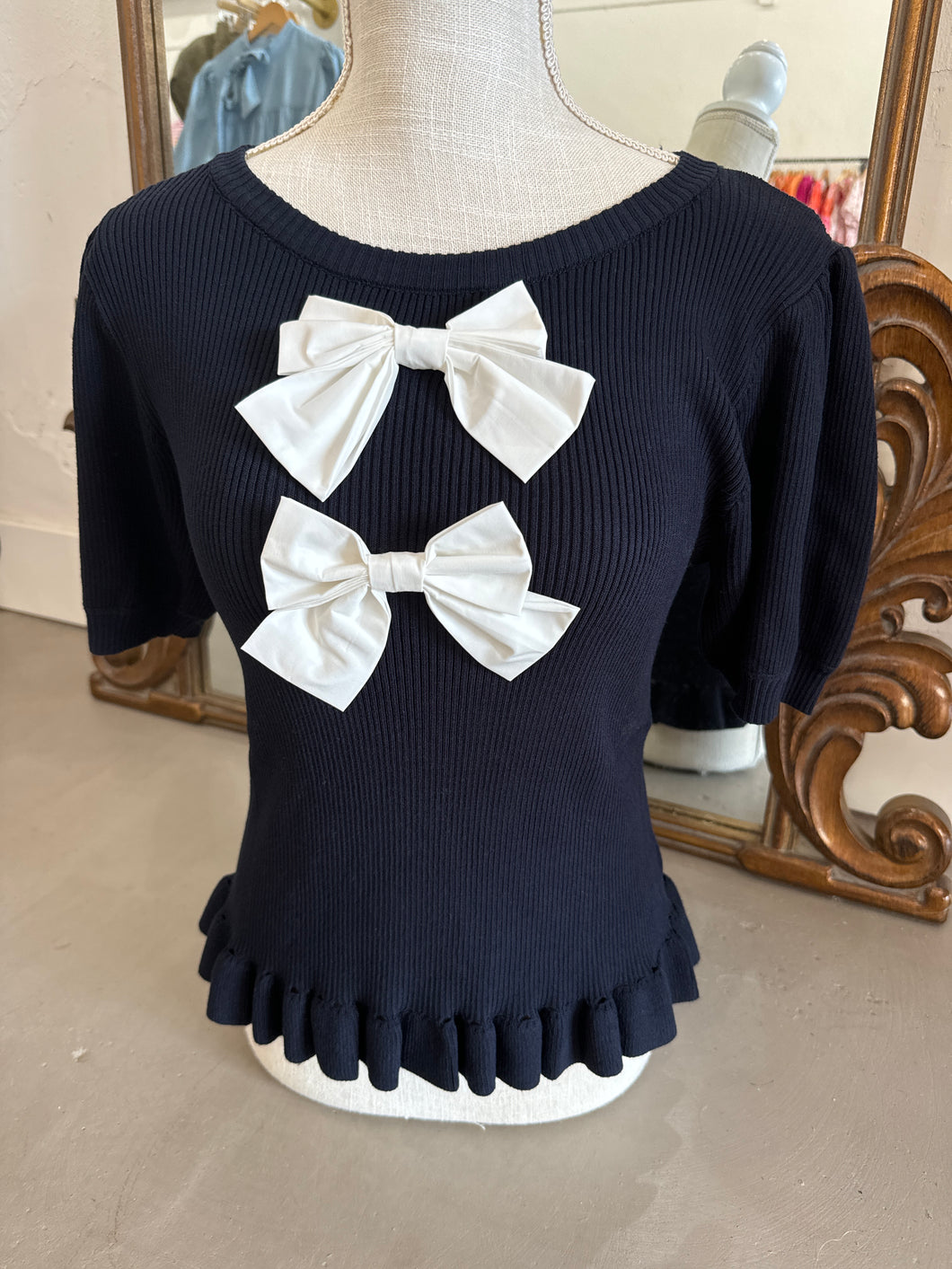 Navy Bow Knit Top