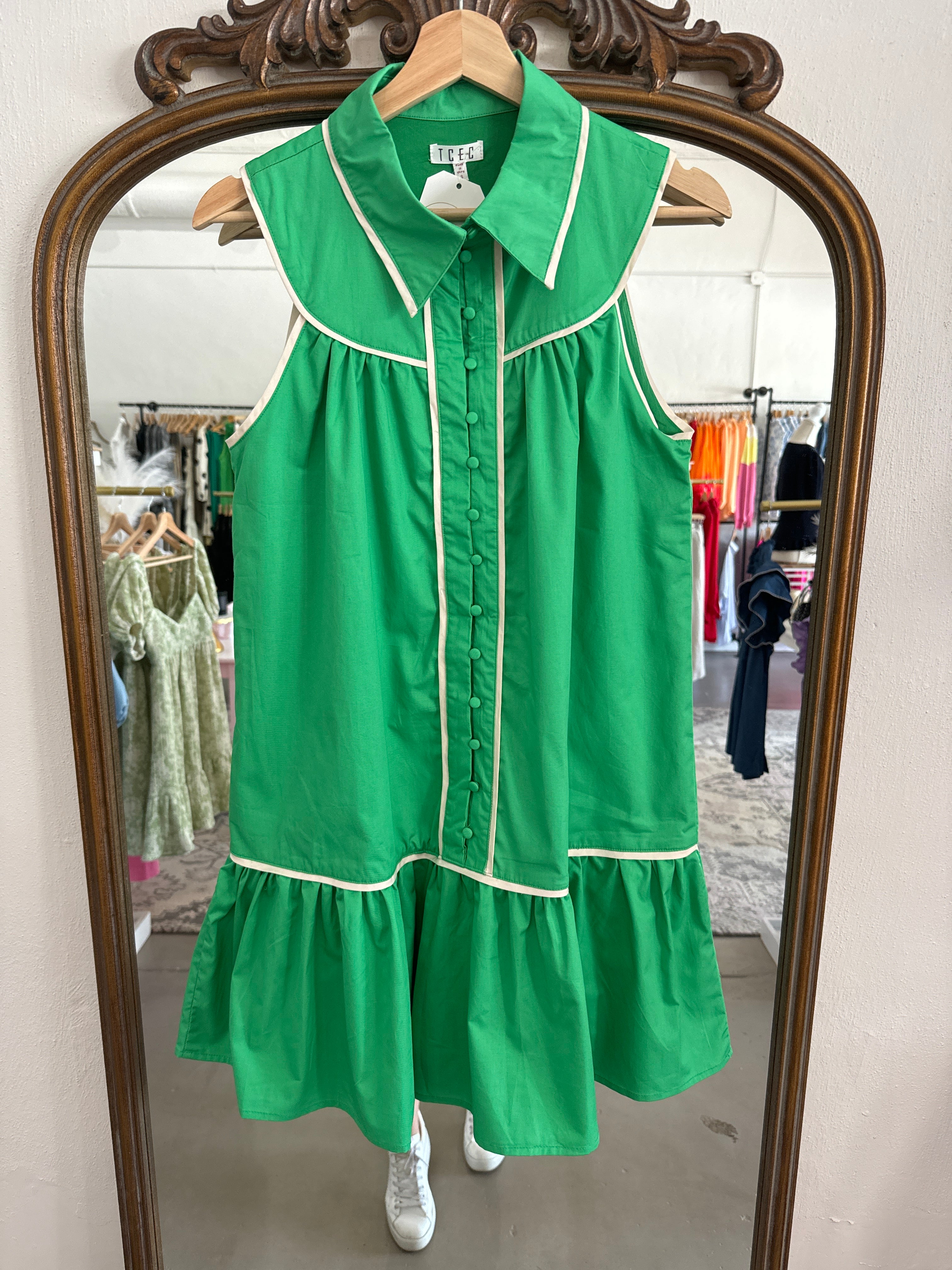 kelly green and white dress Brunch On Bloom Floral Eyelet Midi Dress in Kelly Green Curves
