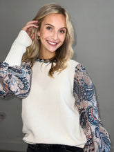 Load image into Gallery viewer, Cream Sweater with Blue Pattern Sleeves
