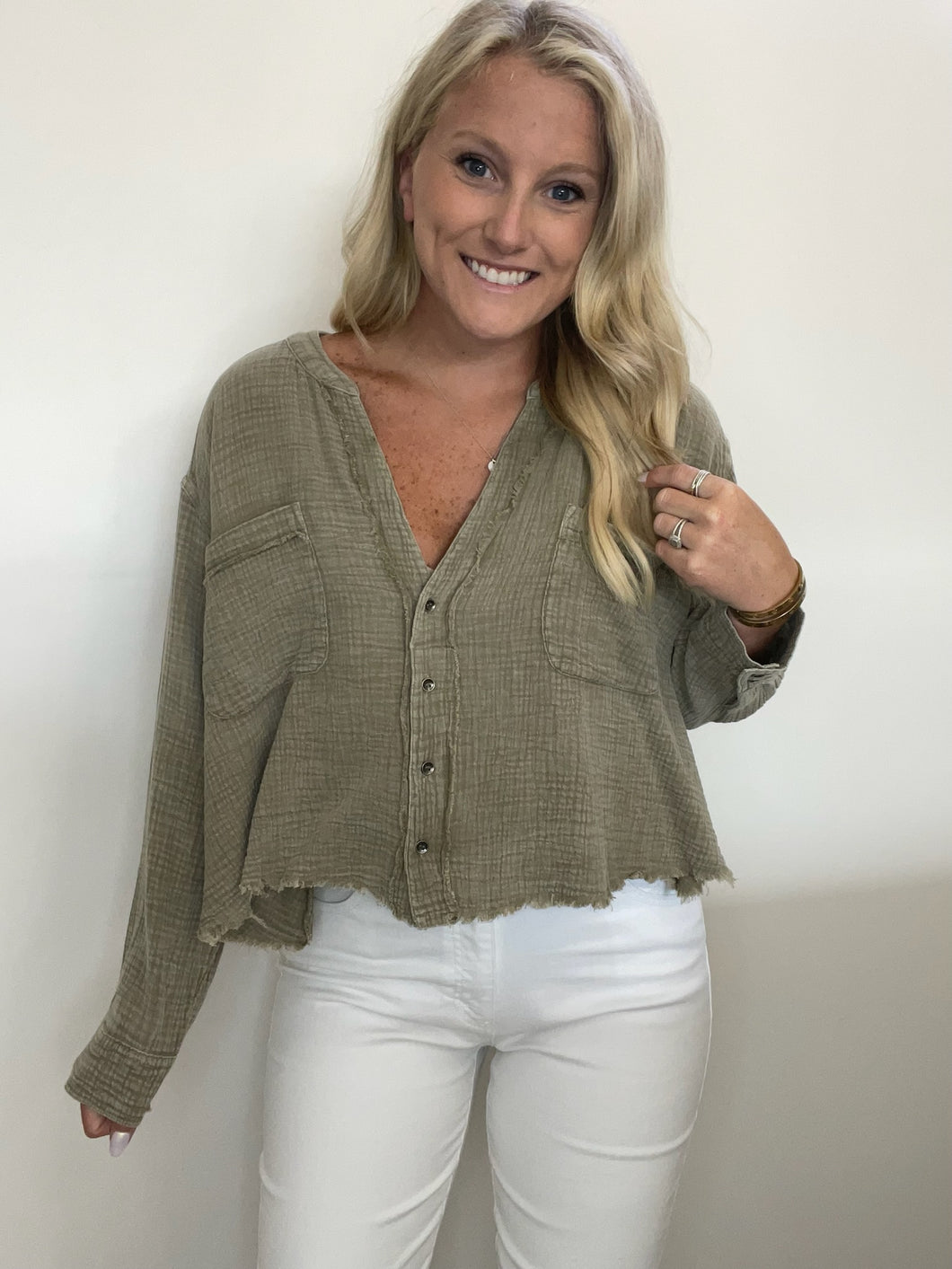 Grey V-Neck Button Up Cropped Top