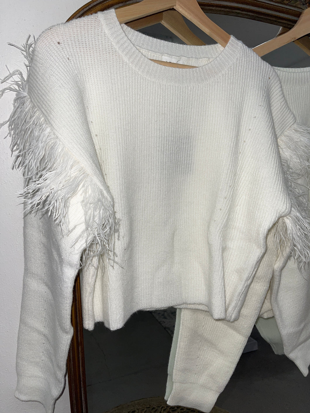 White Feather Trim Sweater